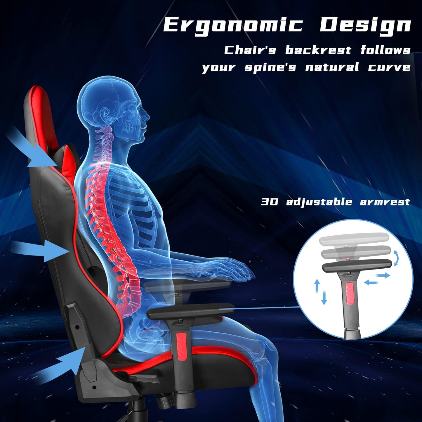 Ergonomic High Back Gaming Chair 400Lbs, Office Chair Computer Chair with Headrest Lumbar Support, Video Gaming Chair for Teens with Adjustable Armrest(Red)