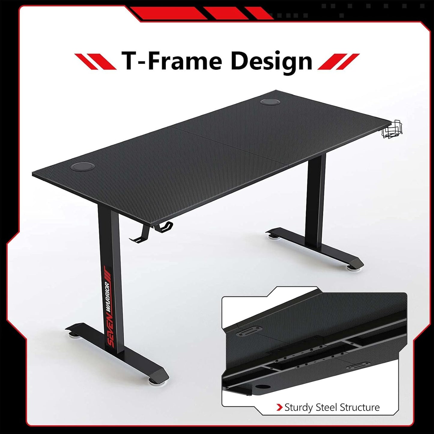 Gaming Desk 55’’, T-Shaped Carbon Fiber Surface Computer Desk with Full Mouse Pad, Gamer Desk with Headphone Hook, USB Rack, Cup Holder