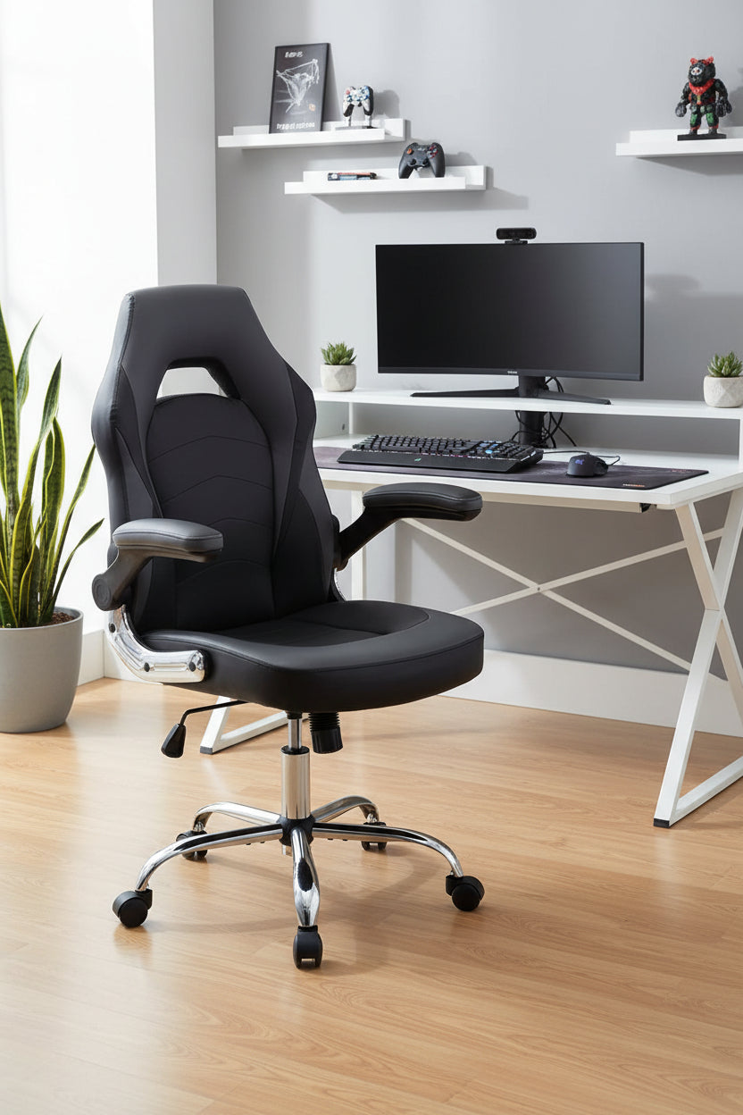 Gaming Chair, Racing Style Bonded Leather Gamer Chair, Ergonomic Office Chair Computer Desk Executive Chair, with Adjustable Height and Flip-Up Arms, Gaming Chair for Adults Teens Kids Men Women