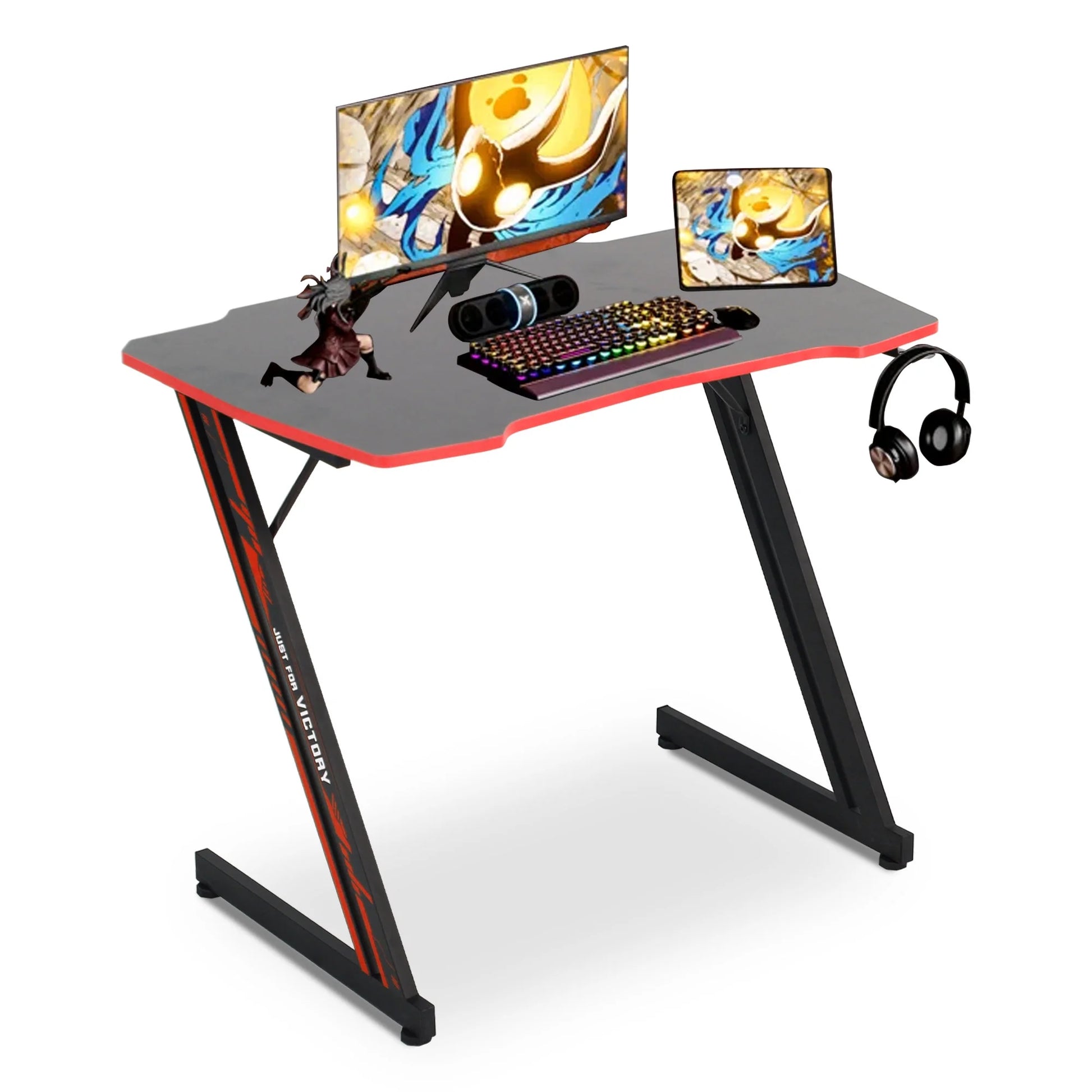 Z Shape Adjustable Feet Carbon Fiber Texture Gaming Desk with Headphone Hook, Red