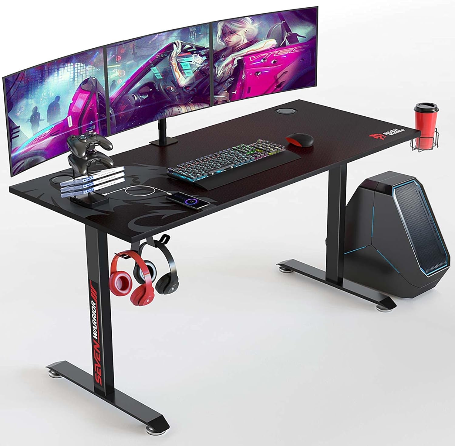 Gaming Desk 55’’, T-Shaped Carbon Fiber Surface Computer Desk with Full Mouse Pad, Gamer Desk with Headphone Hook, USB Rack, Cup Holder