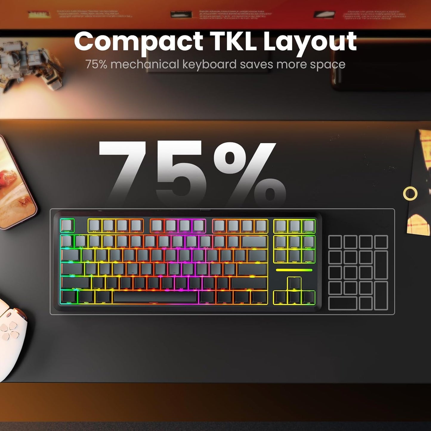 Wireless Mechanical Keyboard,3-Modes Bluetooth Gasket Hot Swappable TKL RGB Custom Keyboard,Pre-Lubed Switches,Side Printed PBT Gradient Keycaps, South-Facing Leds Socket