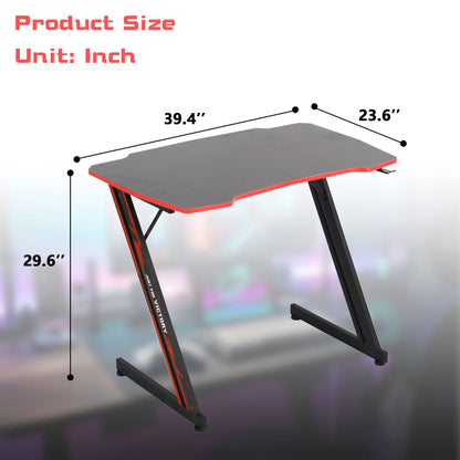 Z Shape Adjustable Feet Carbon Fiber Texture Gaming Desk with Headphone Hook, Red