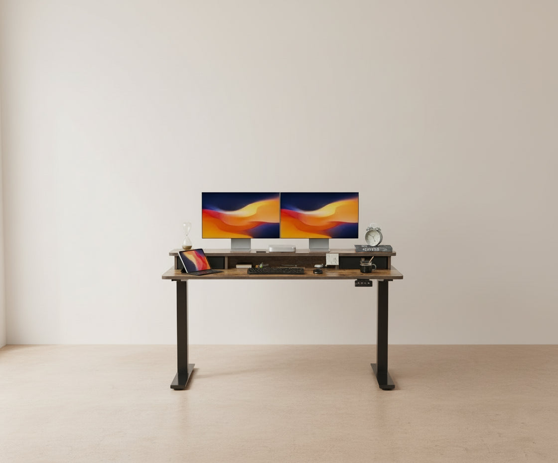 55'' Height Adjustable Electric Standing Desk with Double Drawer, Home Office Computer Desk with 4 Height-Adjustable Feets & 2 Hooks, Rustic Brown