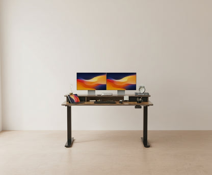 55'' Height Adjustable Electric Standing Desk with Double Drawer, Home Office Computer Desk with 4 Height-Adjustable Feets & 2 Hooks, Rustic Brown