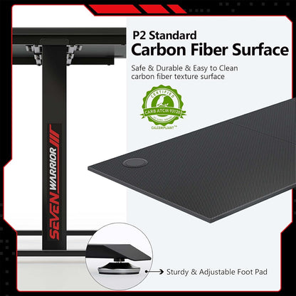 Gaming Desk 55’’, T-Shaped Carbon Fiber Surface Computer Desk with Full Mouse Pad, Gamer Desk with Headphone Hook, USB Rack, Cup Holder