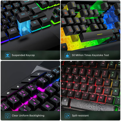 Gaming Keyboard and Mouse Combo, LED RGB Backlit Wired Keyboard 114 Keys Mechanical Feel Anti-Ghosting Keyboard & 7 Colors Mouse with 12 Multimedia Keys for Windows/Xp/Vista PC Laptop Computer Gamer