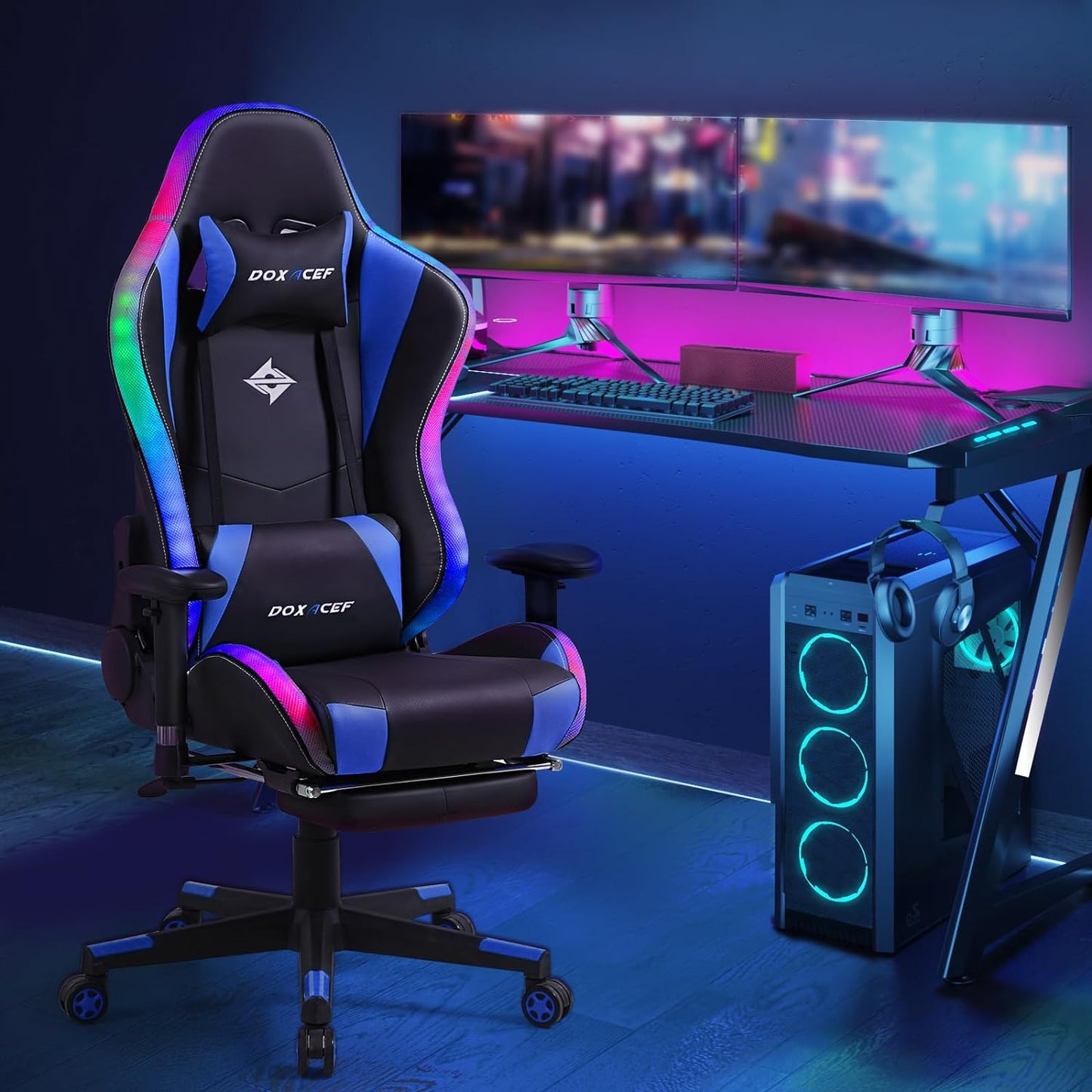 RGB Gaming Chair with Massage and Footrest Large Ergonomic Computer Desk Chair Video Gaming Chair with LED Light Effect Adjustable Reclining Gamer Chair