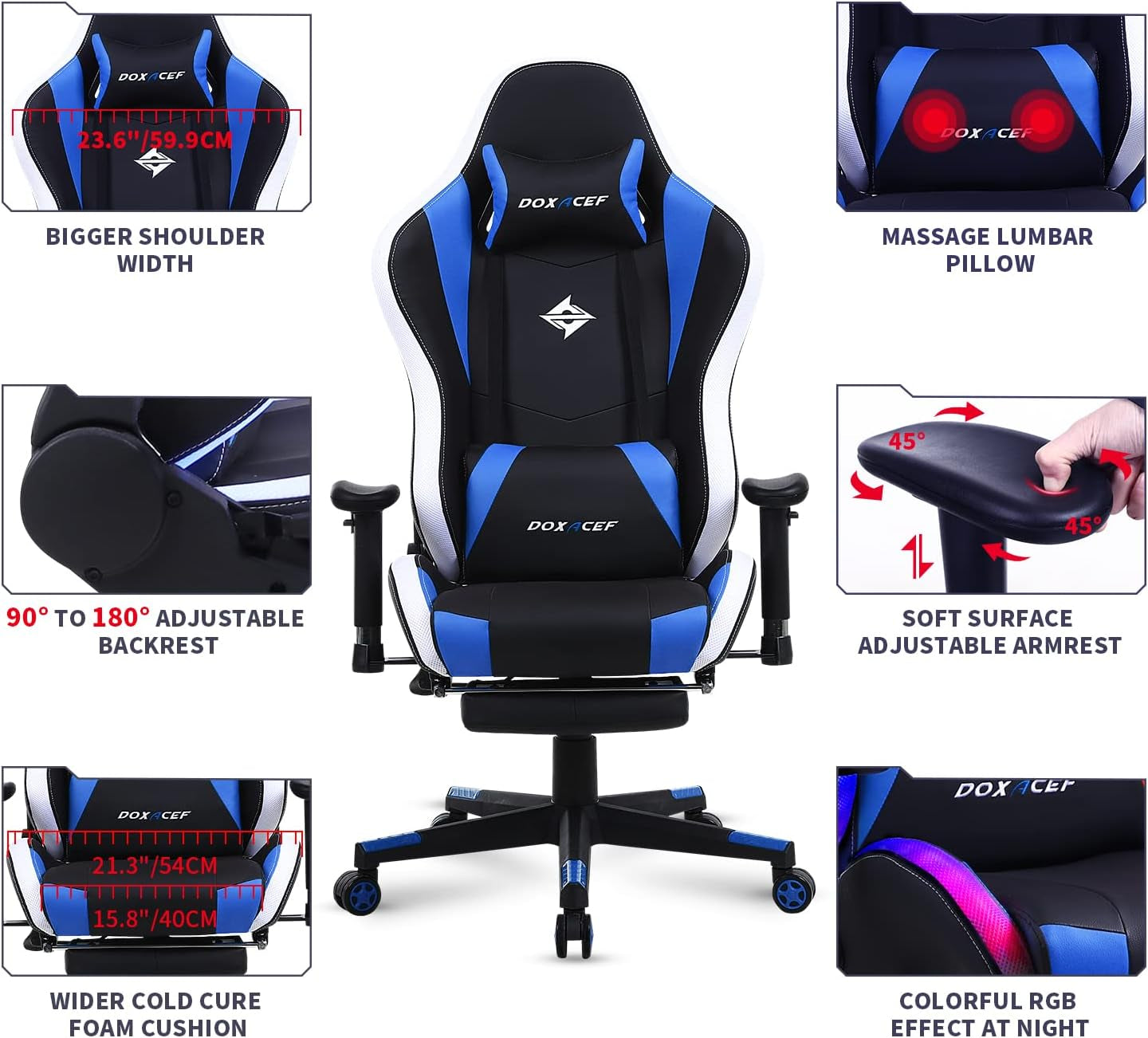 RGB Gaming Chair with Massage and Footrest Large Ergonomic Computer Desk Chair Video Gaming Chair with LED Light Effect Adjustable Reclining Gamer Chair
