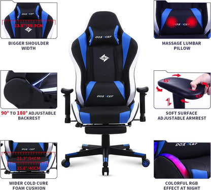RGB Gaming Chair with Massage and Footrest Large Ergonomic Computer Desk Chair Video Gaming Chair with LED Light Effect Adjustable Reclining Gamer Chair