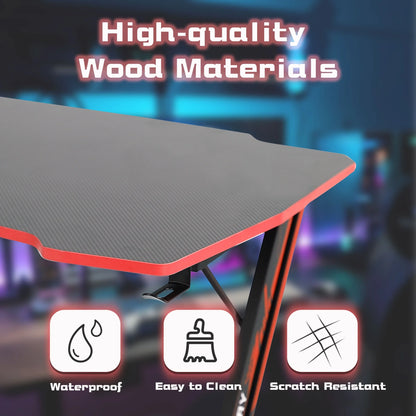 Z Shape Adjustable Feet Carbon Fiber Texture Gaming Desk with Headphone Hook, Red