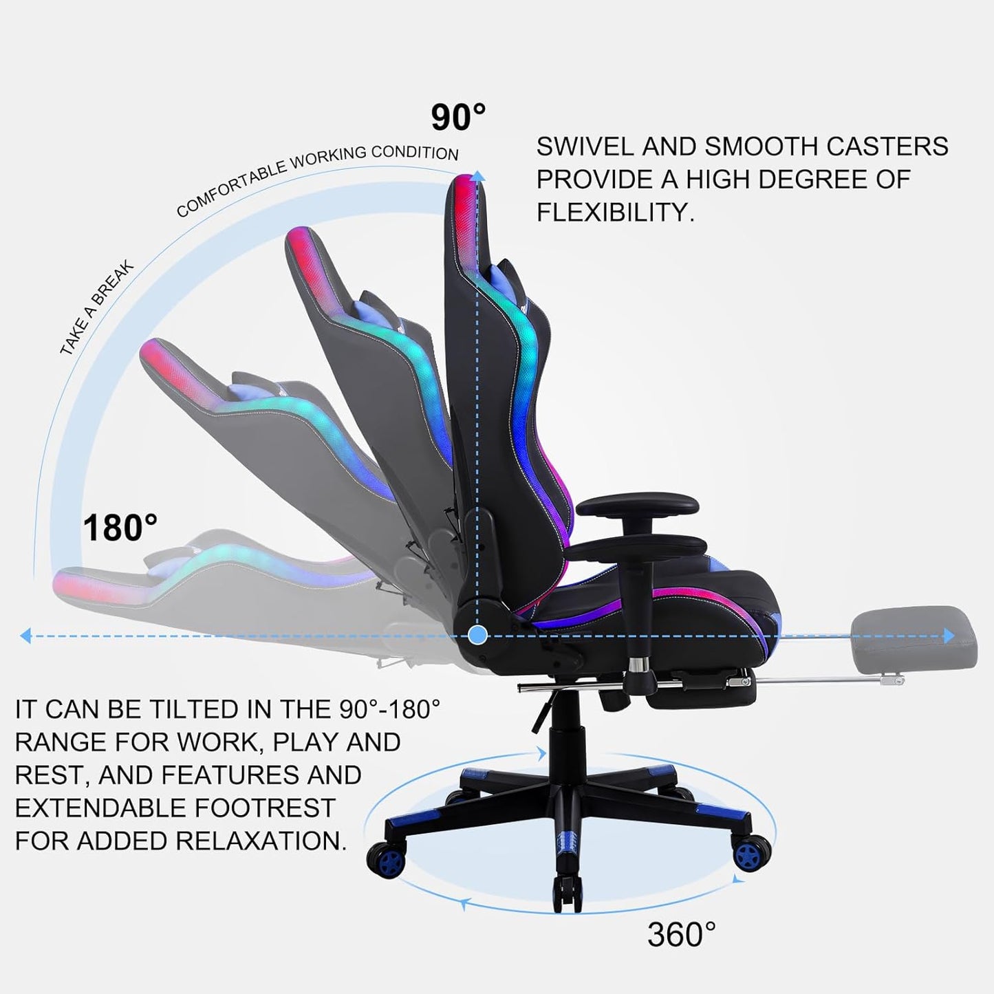 RGB Gaming Chair with Massage and Footrest Large Ergonomic Computer Desk Chair Video Gaming Chair with LED Light Effect Adjustable Reclining Gamer Chair