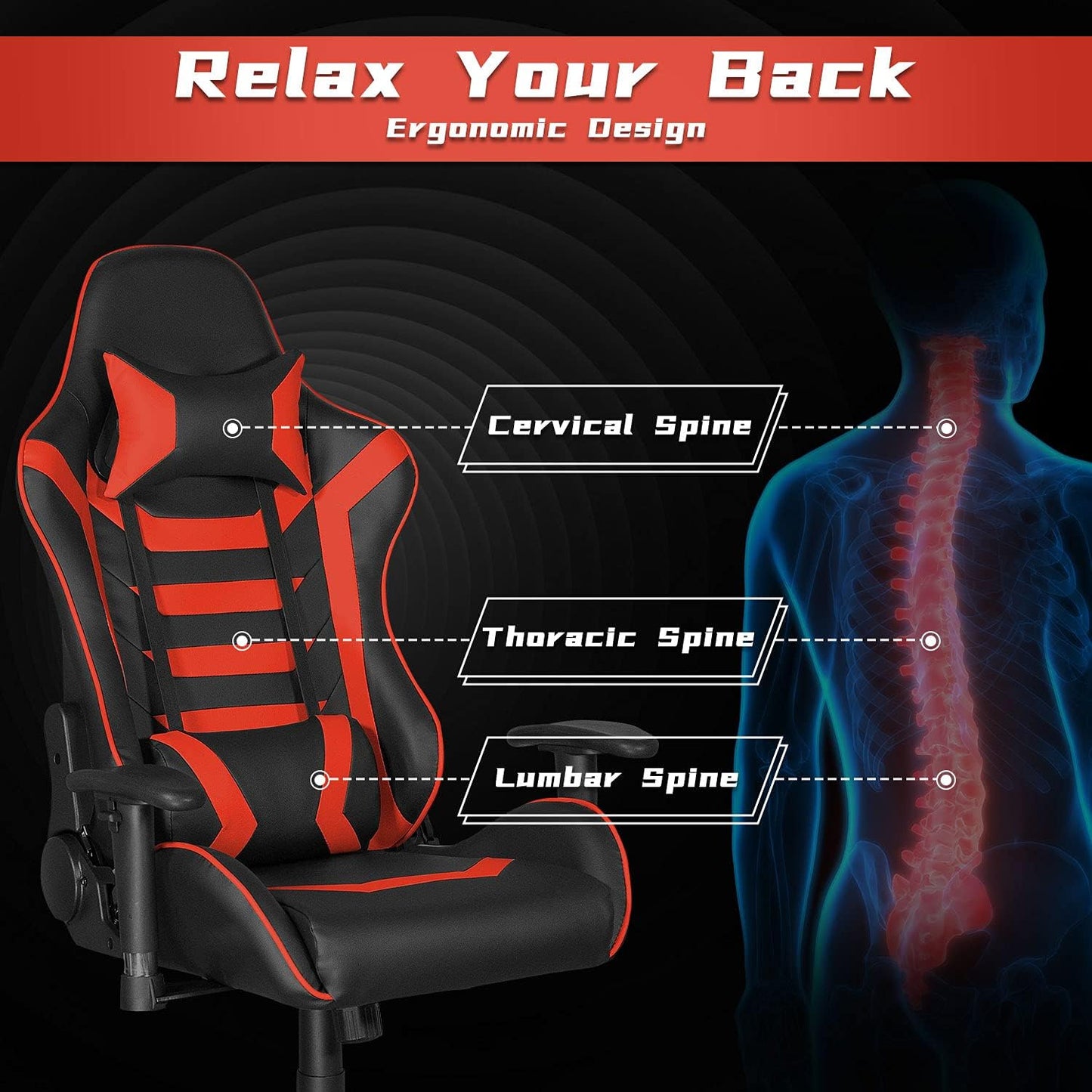 Gaming Chair, High Back Ergonomic Office Chair Computer Chair for Teens, Desk Chair with Adjustable Swivel Task Chair for Adults with Headrest and Lumbar Support Red…