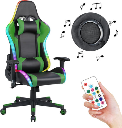 Gaming Chair with RGB LED Lights and Speakers,Video Game Chair, Swivel Racing Office Reclining Chair with Headrest & Lumbar Support, PU Leather High Back Computer Chair, Green