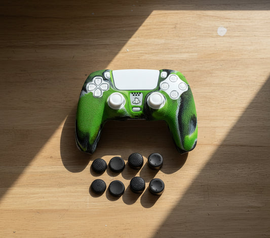 Skin for PS5 Controller Grips, Texture Pattern Cover for PS5 5 Controller Sweat-Proof Anti-Slip Silicone Cover Hand Grip with 8Pcs FPS Pro Thumbsticks Cap Protector(Camouflage Green)