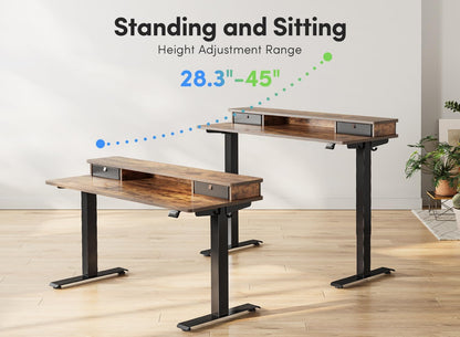 55'' Height Adjustable Electric Standing Desk with Double Drawer, Home Office Computer Desk with 4 Height-Adjustable Feets & 2 Hooks, Rustic Brown
