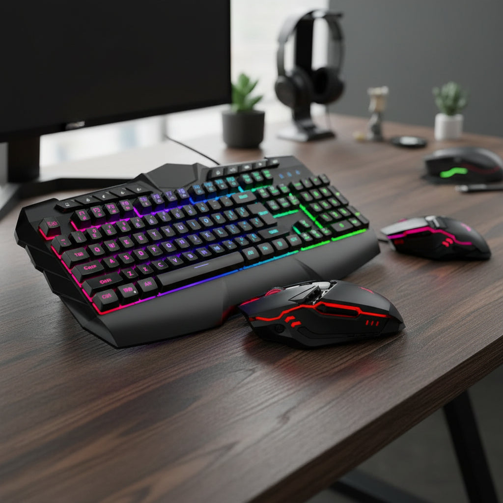Gaming Keyboard and Mouse Combo, LED RGB Backlit Wired Keyboard 114 Keys Mechanical Feel Anti-Ghosting Keyboard & 7 Colors Mouse with 12 Multimedia Keys for Windows/Xp/Vista PC Laptop Computer Gamer