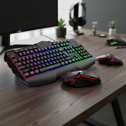Gaming Keyboard and Mouse Combo, LED RGB Backlit Wired Keyboard 114 Keys Mechanical Feel Anti-Ghosting Keyboard & 7 Colors Mouse with 12 Multimedia Keys for Windows/Xp/Vista PC Laptop Computer Gamer