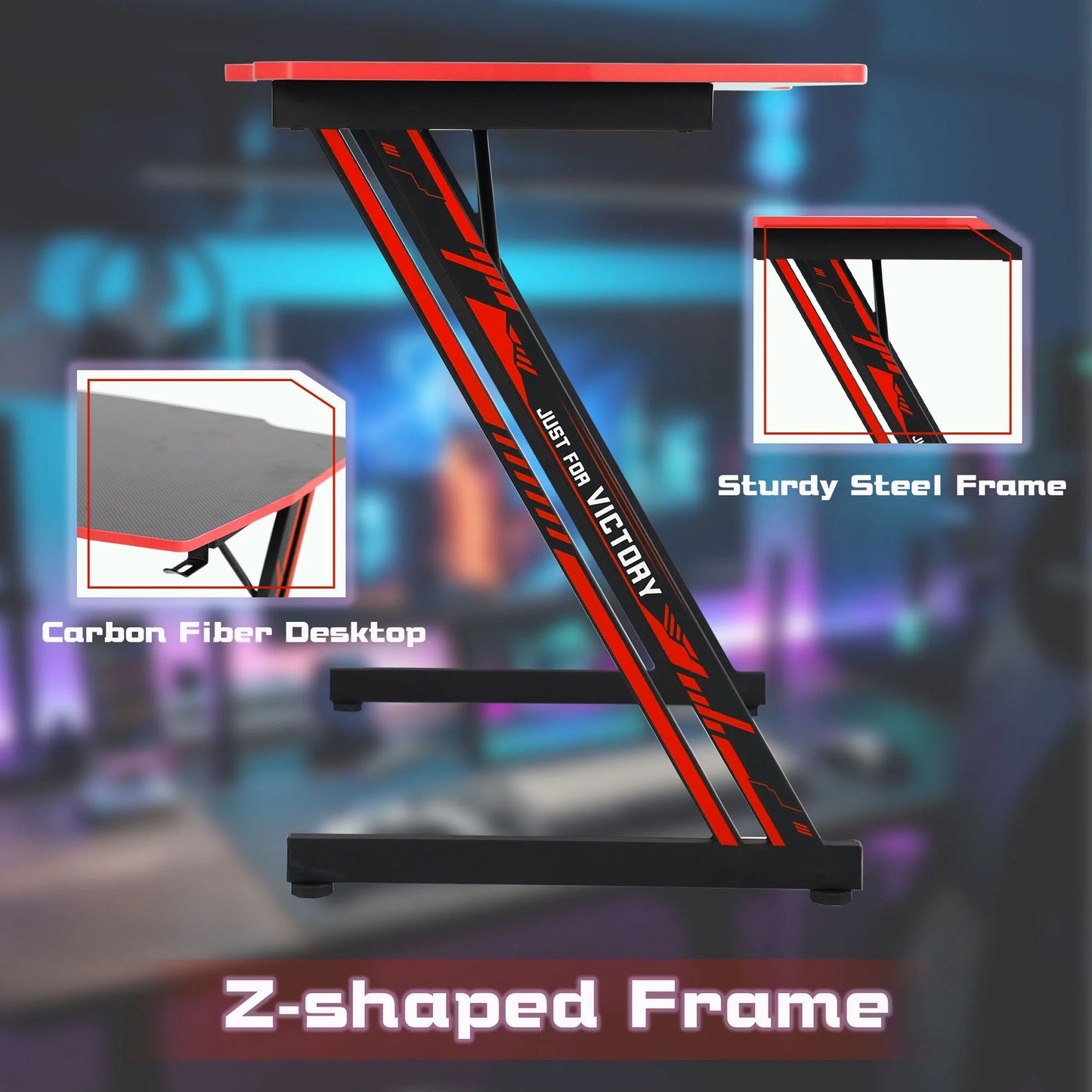 Z Shape Adjustable Feet Carbon Fiber Texture Gaming Desk with Headphone Hook, Red