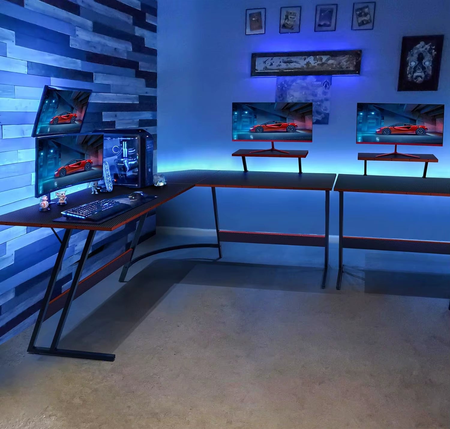 L Shaped Gaming Desk Computer Corner Desk PC Gaming Desk Table with Large Monitor Riser Stand for Home Office