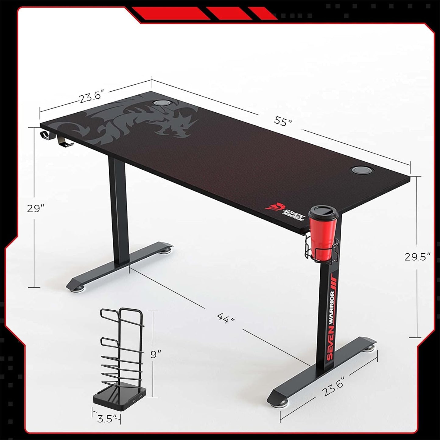 Gaming Desk 55’’, T-Shaped Carbon Fiber Surface Computer Desk with Full Mouse Pad, Gamer Desk with Headphone Hook, USB Rack, Cup Holder