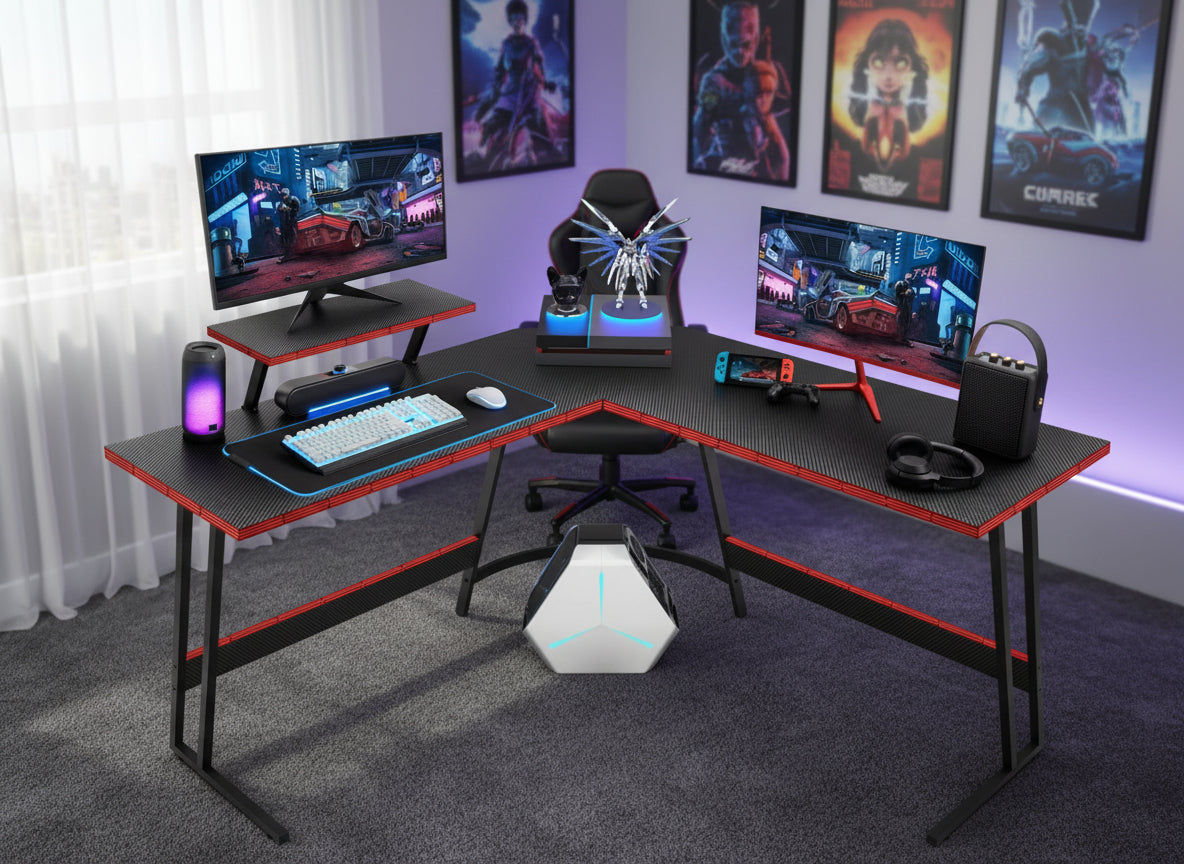 L Shaped Gaming Desk Computer Corner Desk PC Gaming Desk Table with Large Monitor Riser Stand for Home Office