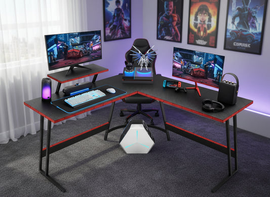L Shaped Gaming Desk Computer Corner Desk PC Gaming Desk Table with Large Monitor Riser Stand for Home Office