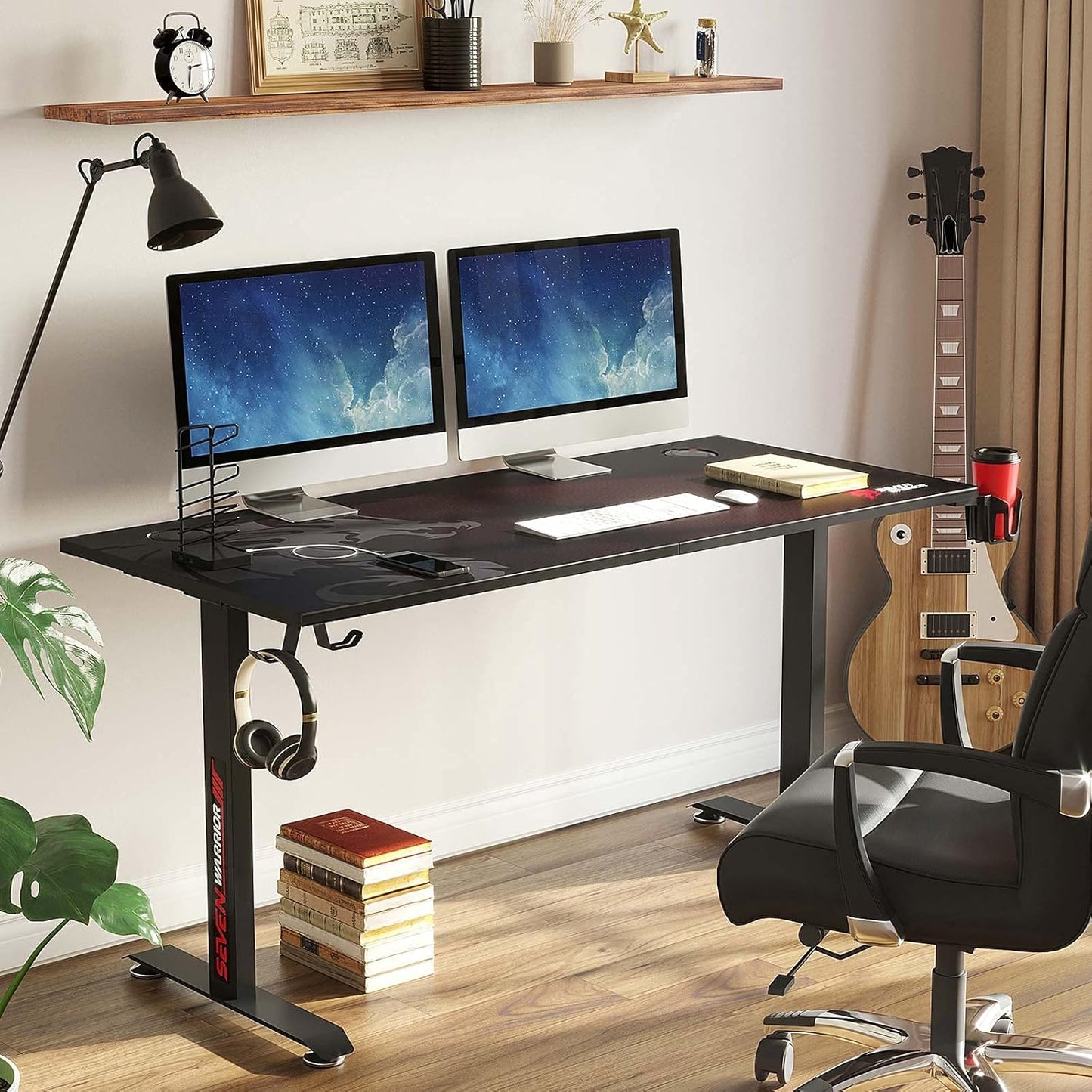 Gaming Desk 55’’, T-Shaped Carbon Fiber Surface Computer Desk with Full Mouse Pad, Gamer Desk with Headphone Hook, USB Rack, Cup Holder